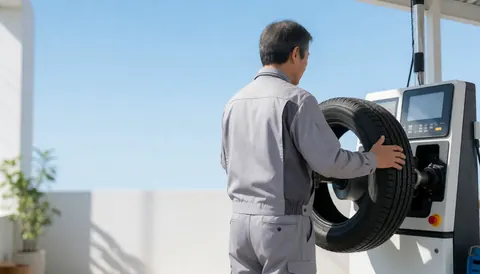 A mechanic in a gray uniform places a black tire onto a balancing machine outdoors under a clear blue sky.