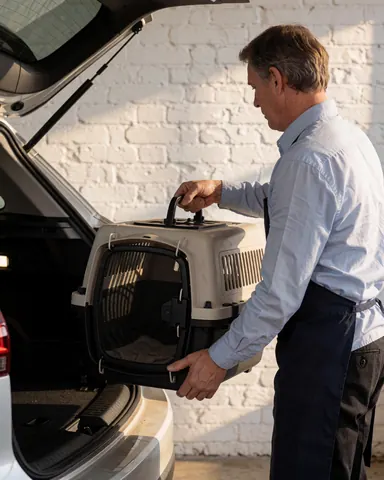 Employee placing a pet transport box in the trunk of a vehicle near a white brick wall during sunset for pet transport service