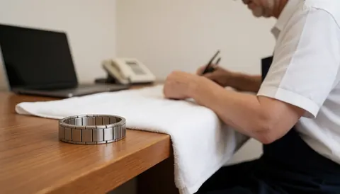 A magnetic bracelet rests on a wooden table beside a white towel while a professional writes in a notebook, suitable for a homeopathy website.