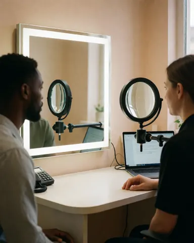 A client and consultant review skin in a consultation room using a lighted magnifying mirror for personalized beauty service