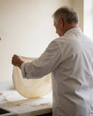 A chef stretches pizza dough by hand in a bright kitchen, showing the preparation process for a pizzeria.