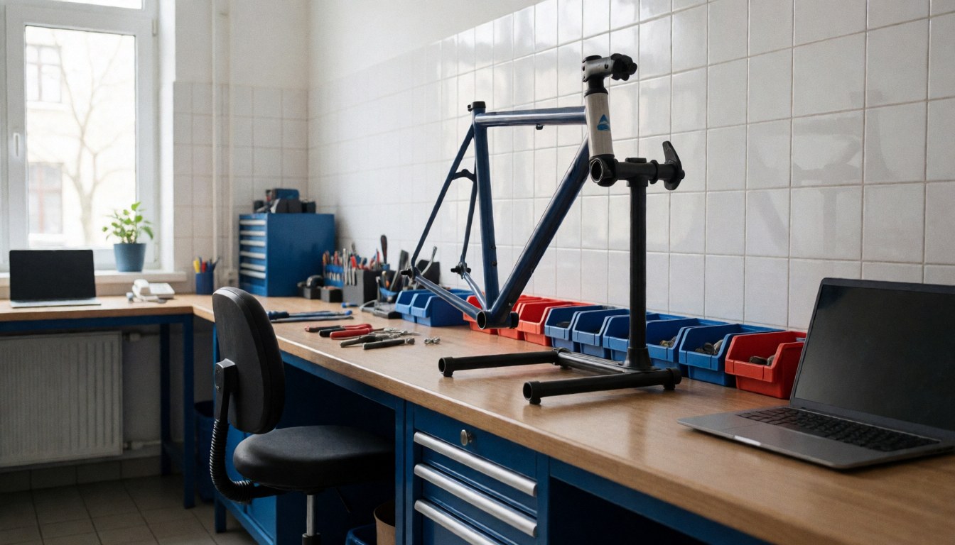 Bicycle frame mounted on a repair stand in a clean workshop with white tiled walls, tools, and component boxes.