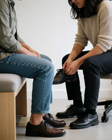 A saleswoman adjusts the laces on a shoe for a seated customer in a modern shoe store with white walls.