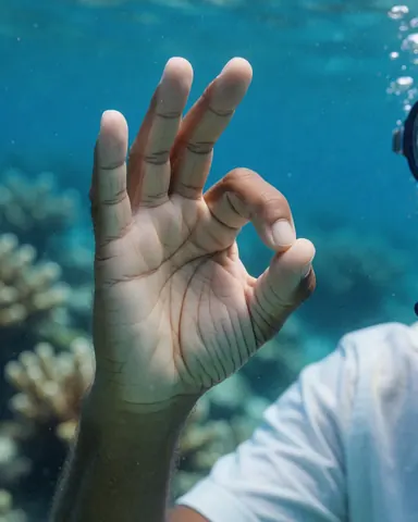 Close-up of a diver's hand making an ok gesture underwater with coral and an air pump visible in the background