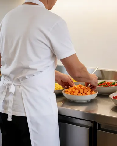 Chef preparing ceviche with sweet potato, chilies, and corn at a stainless steel counter