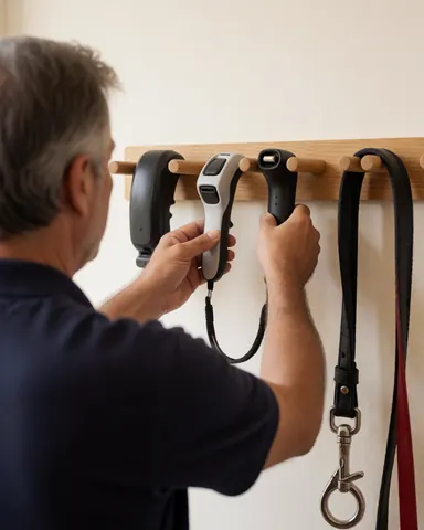 A pet store employee places a clicker and leash on a wooden shelf in a clean, well-lit store environment.