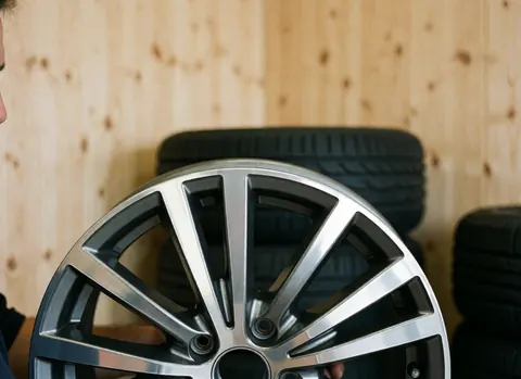 A polished alloy rim displayed in a vehicle recycling workshop with stacks of tires and a light wood wall in the background