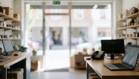 Store interior featuring shelves, work tables, and computers with a blurred entrance door in the background