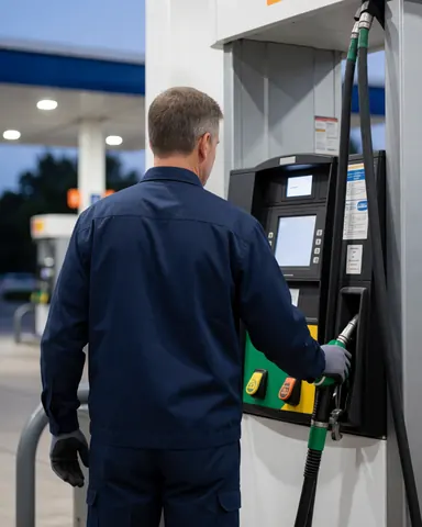 A gas station attendant in a blue uniform and safety gloves attends to a fuel pump at dusk, highlighting professional service.