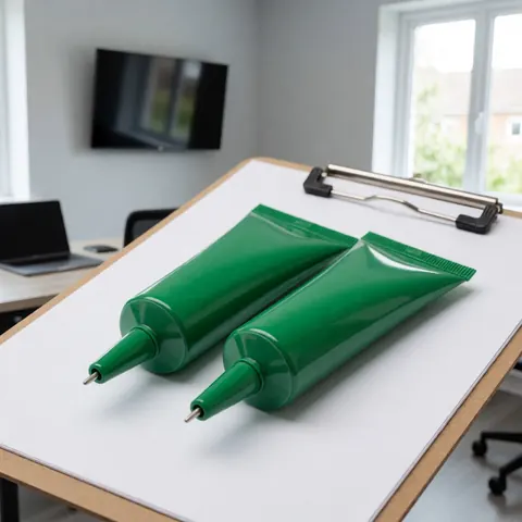Two green pest control gel tubes with metal nozzles resting on a white folder in a professional setting.