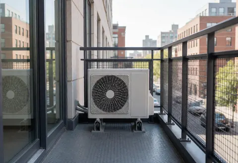 Heat pump unit installed on a city balcony with safety railing and building background for heating services