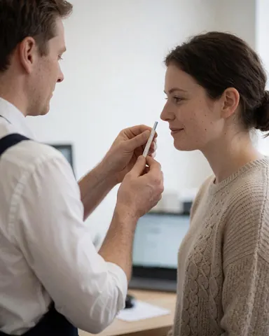 A customer testing a fragrance in a bright, clean perfume shop with white walls and natural light.