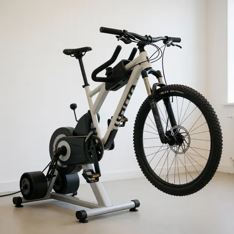 A mountain bike securely mounted on indoor training rollers in a studio setting for cycling skill development